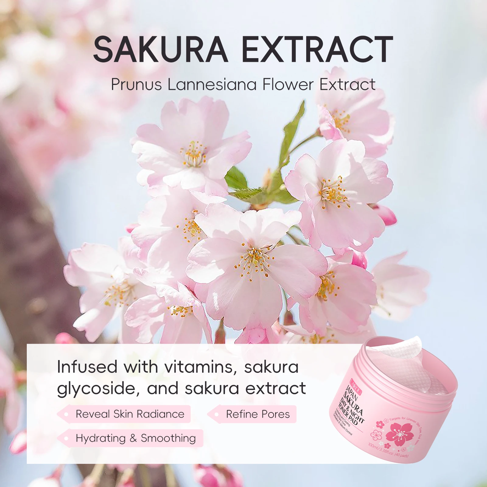 Japan Sakura Day & Night Toner Pad 100ml – Hyaluronic Acid, Niacinamide & Salicylic Acid Moisturising and Firming Face Toner Pads for All Skin Types