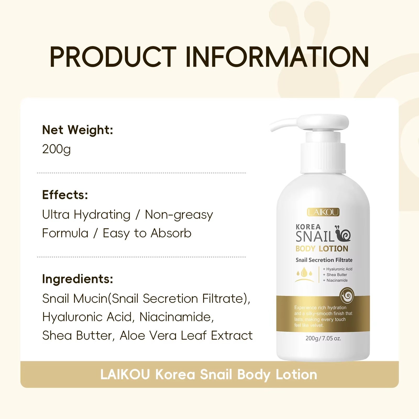 Compact-sized Korea Snail Body Lotion 200g – Deeply Moisturizing, Anti-Aging & Brightening Formula with Snail Mucin, Hyaluronic Acid & Niacinamide