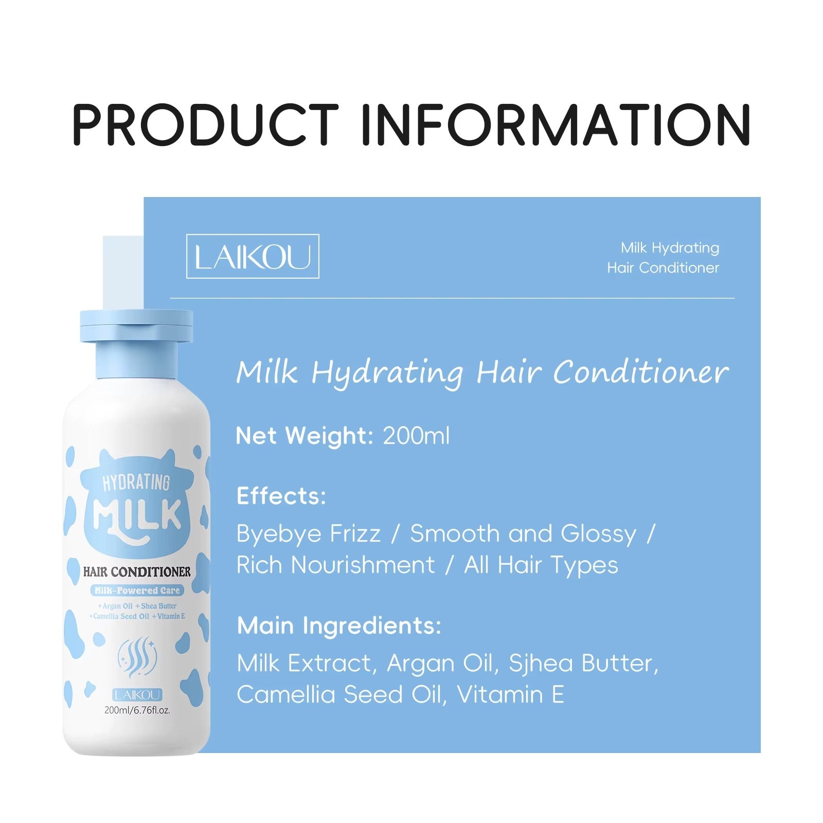 Compact-sized Hydrating Milk Hair Conditioner 200ml — Argan Oil, Shea Butter & Australian Milk Extract for Soft, Smooth & Nourished Curly Hair