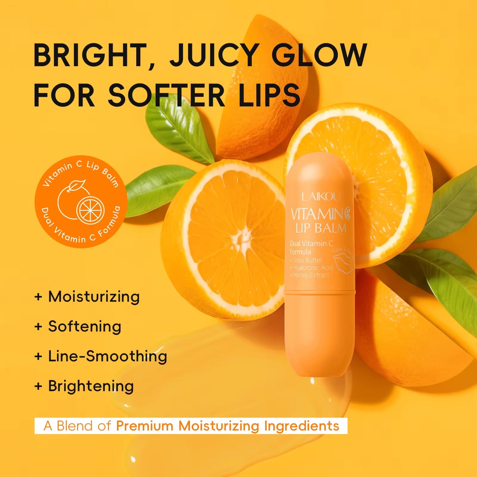 Vitamin C Lip Balm – Hydrating, Anti-Crack & Lip Line Lightening Balm with Shea Butter, Hyaluronic Acid & Honey Extract for Soft, Dewy Lips