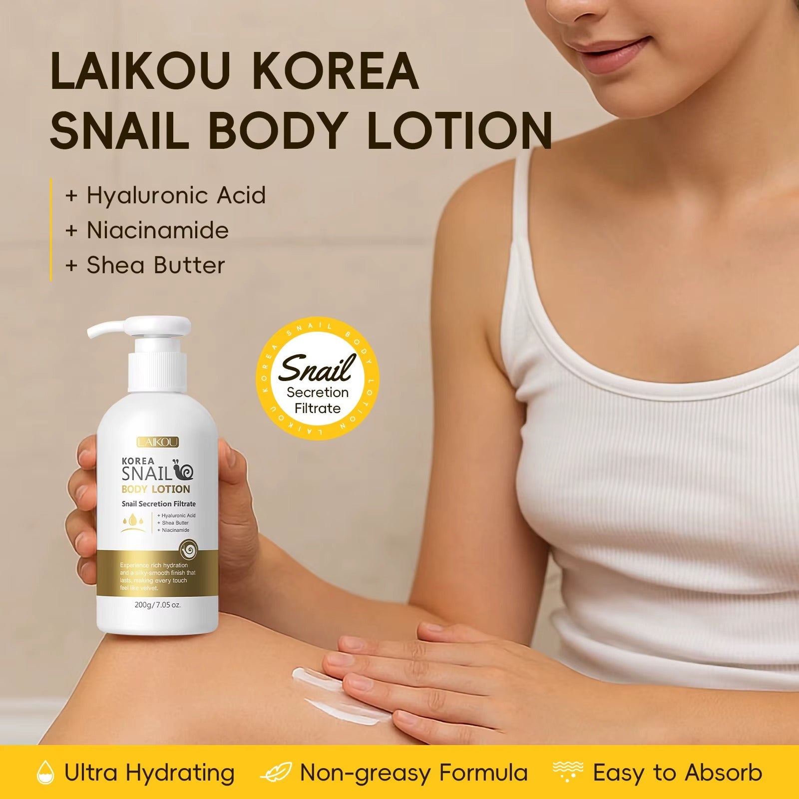 Compact-sized Korea Snail Body Lotion 200g – Deeply Moisturizing, Anti-Aging & Brightening Formula with Snail Mucin, Hyaluronic Acid & Niacinamide
