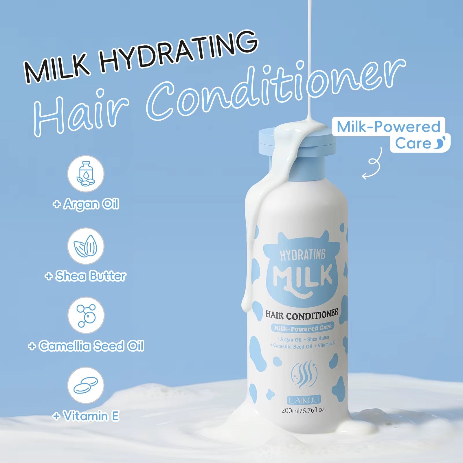 Compact-sized Hydrating Milk Hair Conditioner 200ml — Argan Oil, Shea Butter & Australian Milk Extract for Soft, Smooth & Nourished Curly Hair