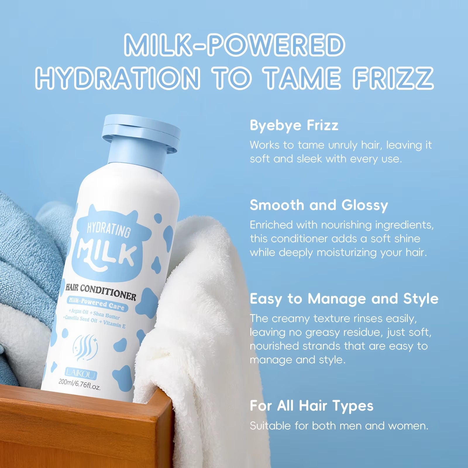 Compact-sized Hydrating Milk Hair Conditioner 200ml — Argan Oil, Shea Butter & Australian Milk Extract for Soft, Smooth & Nourished Curly Hair