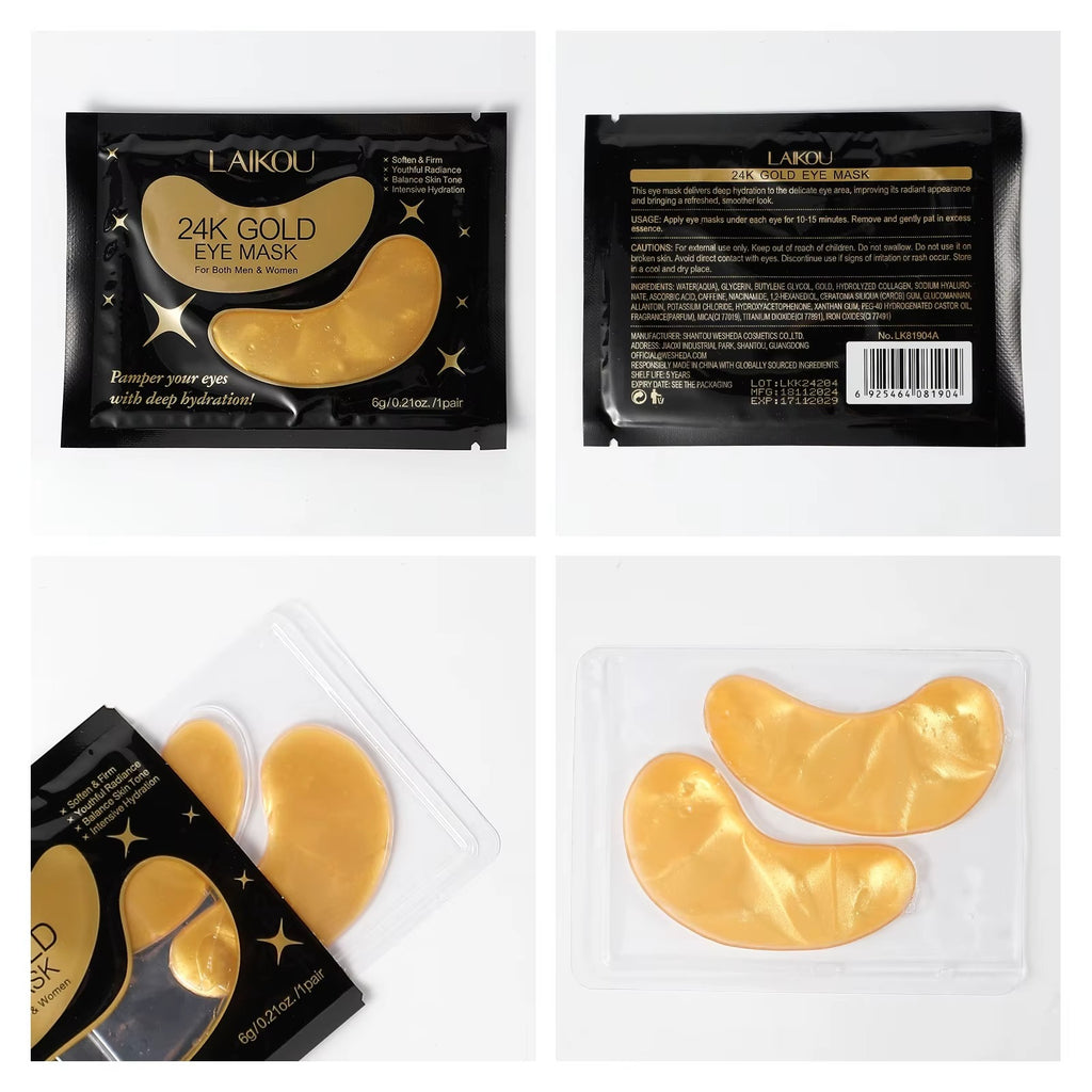 24K Gold Hydrogel Collagen Eye Mask — Soften, Firm & Brighten — Reduces Dark Circles, Puffiness, Eye Bags & Fine Lines — Korean Skincare, 24 Pairs