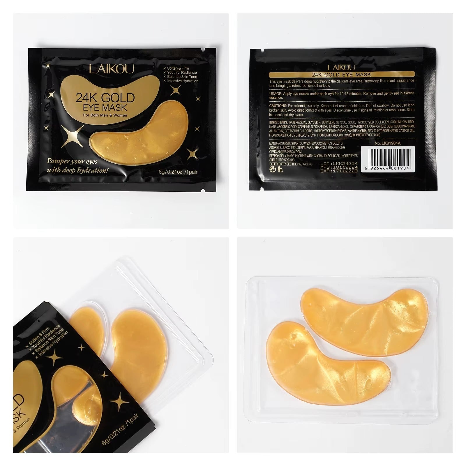 24K Gold Hydrogel Collagen Eye Mask — Soften, Firm & Brighten — Reduces Dark Circles, Puffiness, Eye Bags & Fine Lines — Korean Skincare, 24 Pairs