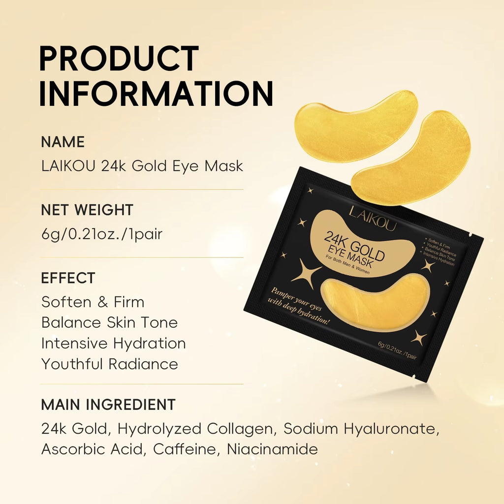 24K Gold Hydrogel Collagen Eye Mask — Soften, Firm & Brighten — Reduces Dark Circles, Puffiness, Eye Bags & Fine Lines — Korean Skincare, 24 Pairs
