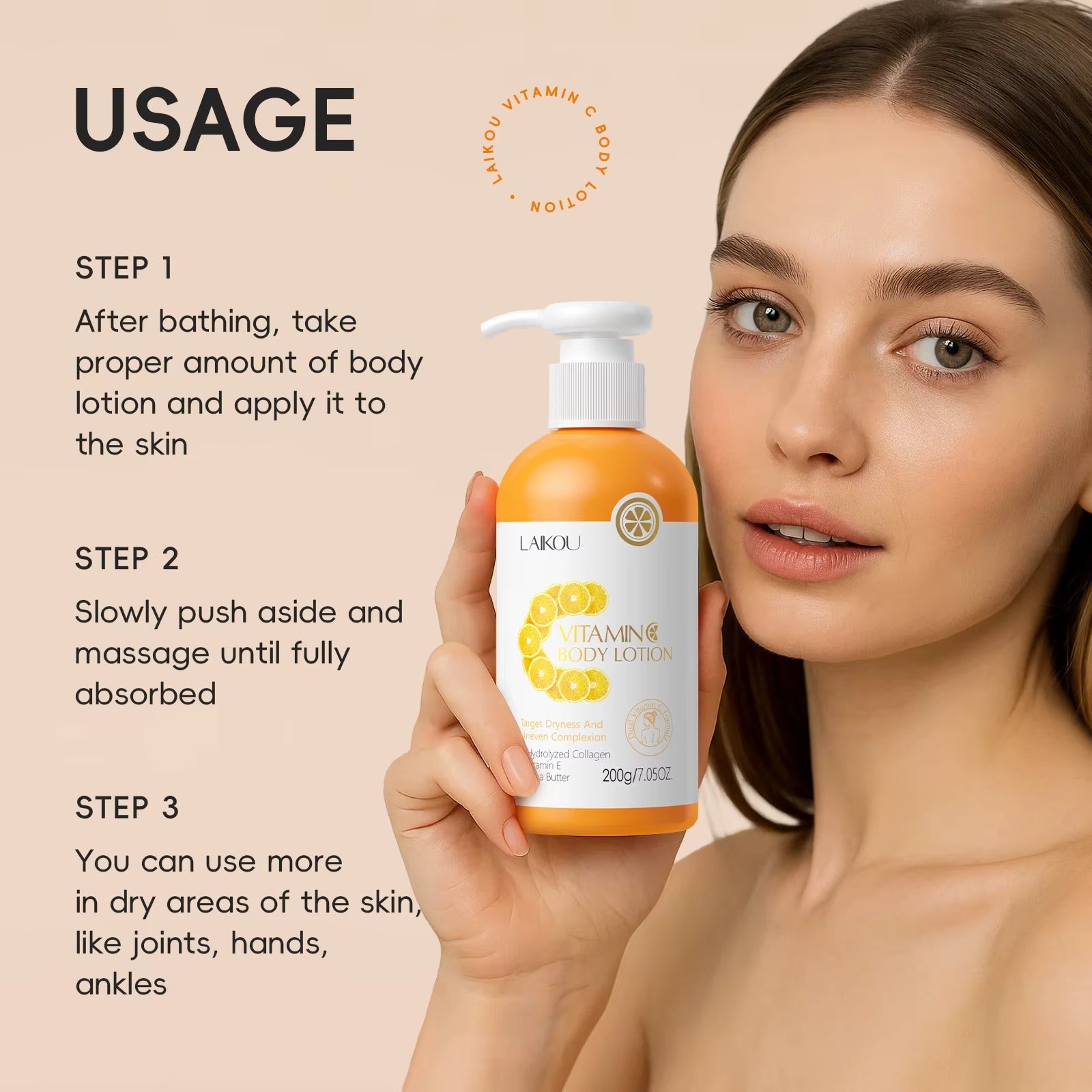 Compact-sized Vitamin C Body Lotion with Hydrolyzed Collagen, Vitamin E & Shea Butter – Deep Hydrating Moisturizer for Radiant, Soft & Smooth Skin 200g