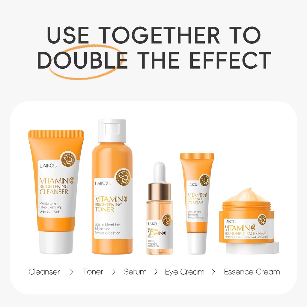 Vitamin C Brightening Skincare Set 5pcs — Hydrating Serum, Eye Cream & Face Cream with Hyaluronic Acid to Reduce Fine Lines & Even Skin Tone
