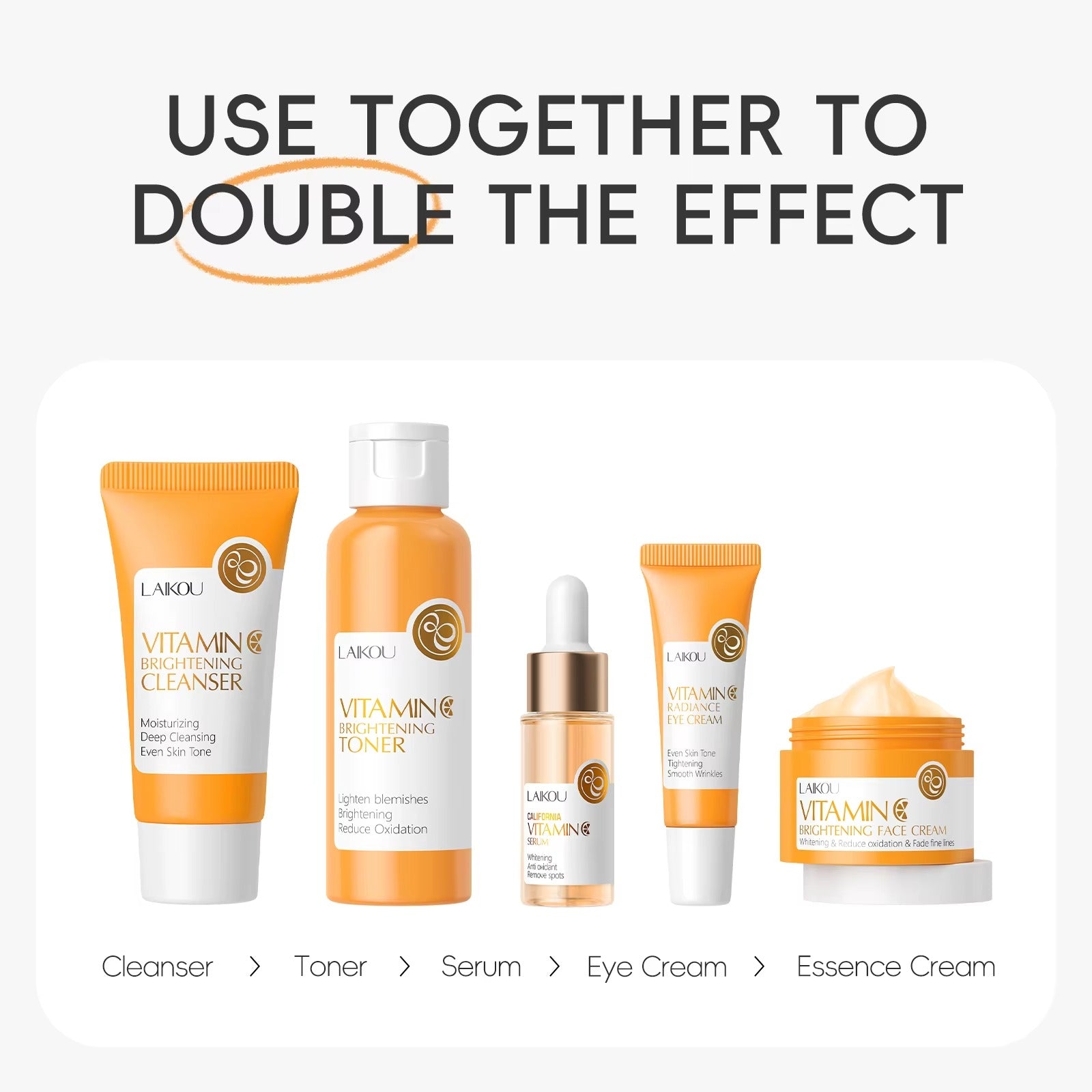 Vitamin C Brightening Skincare Set 5pcs — Hydrating Serum, Eye Cream & Face Cream with Hyaluronic Acid to Reduce Fine Lines & Even Skin Tone