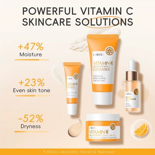 Compact-sized 4-Step Vitamin C Brightening Skincare Set — Cleanser + Serum + Eye Cream + Face Cream — Firming/Lifting Glow Bundle — Hyaluronic Acid Revitalizing Kit