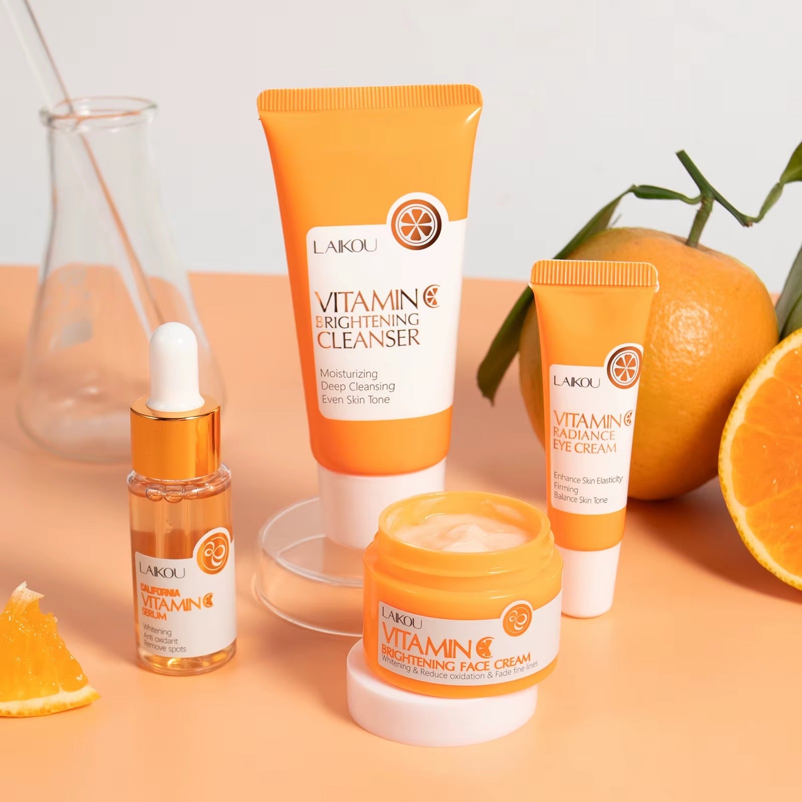 Compact-sized 4-Step Vitamin C Brightening Skincare Set — Cleanser + Serum + Eye Cream + Face Cream — Firming/Lifting Glow Bundle — Hyaluronic Acid Revitalizing Kit