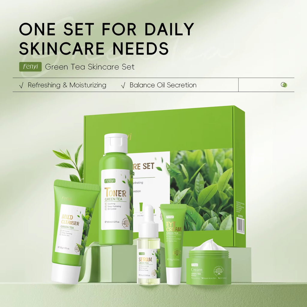 Green Tea 5-Piece Anti-Aging Skincare Set — Cleanser, Toner, Serum, Eye Cream & Face Cream for Oily & Dry Skin