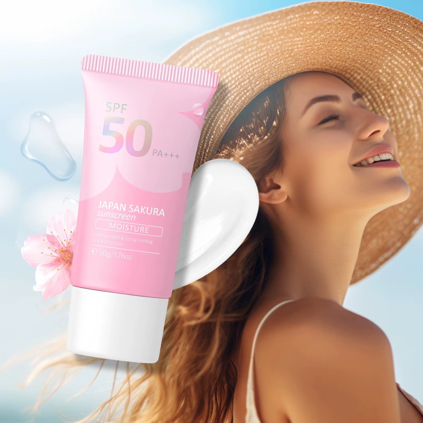 Japan Sakura Sunscreen SPF 50 PA+++ — Korean Face Sunscreen Cream with Niacinamide & Hyaluronic Acid, Waterproof UV Protection 50g
