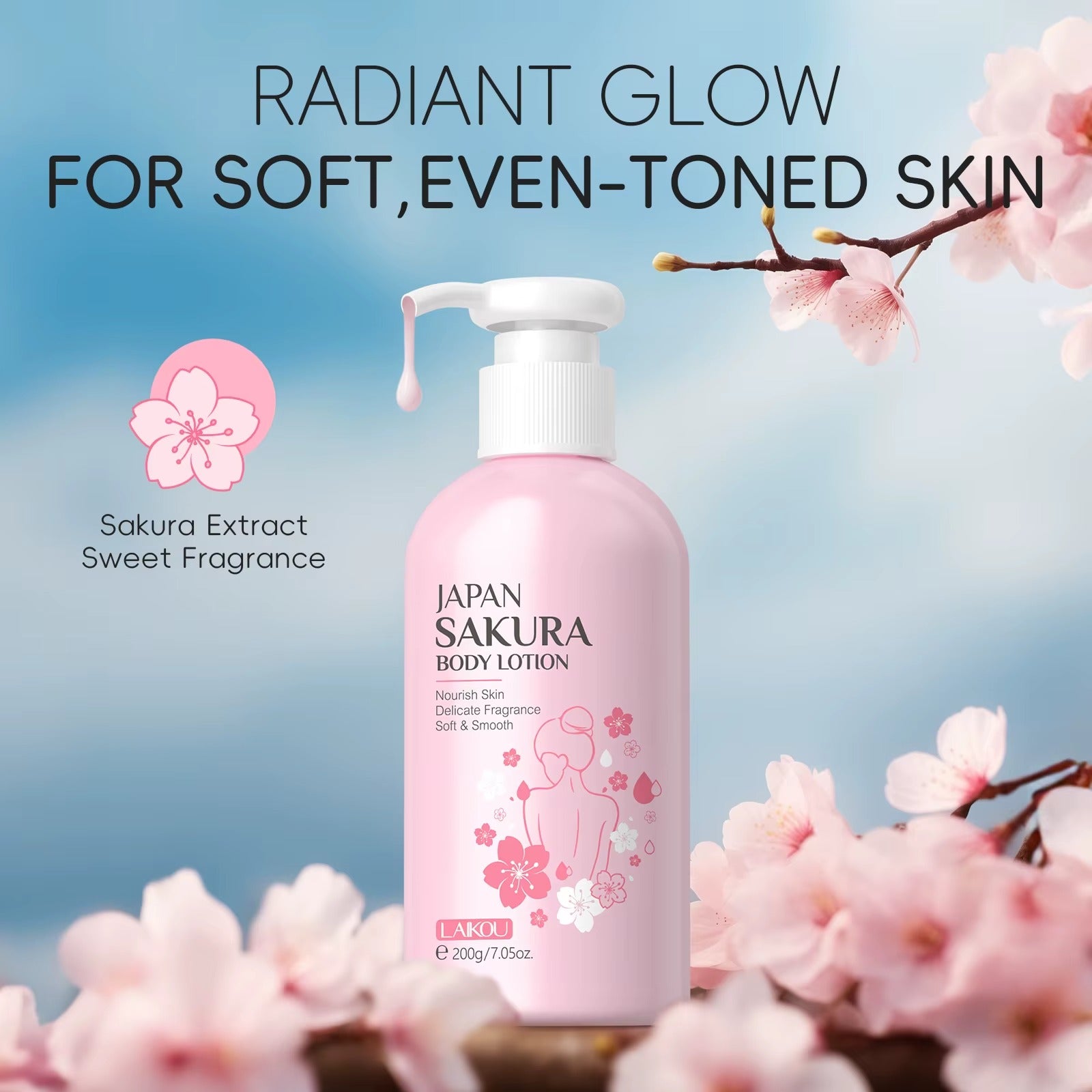 Compact-sized Japan Sakura Brightening Body Lotion – Firming & Hydrating Skin Care for Women with Niacinamide & Sakura Extract, 200g