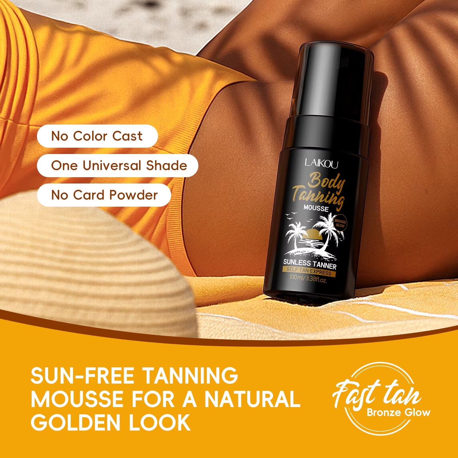 Sunless Self Tanner Body Tanning Mousse — Sun-Free Bronze Glow Self Tan Express for Face & Body, One Universal Shade, 100ml