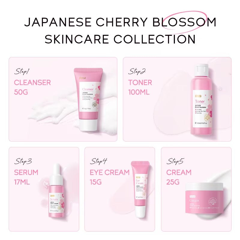 Japan Cherry Blossom 5-Piece Skincare Set — Brightening, Anti-Aging & Deep Hydrating Face Care Kit with Hyaluronic Acid & Prunus Flower Extract for All Skin Types