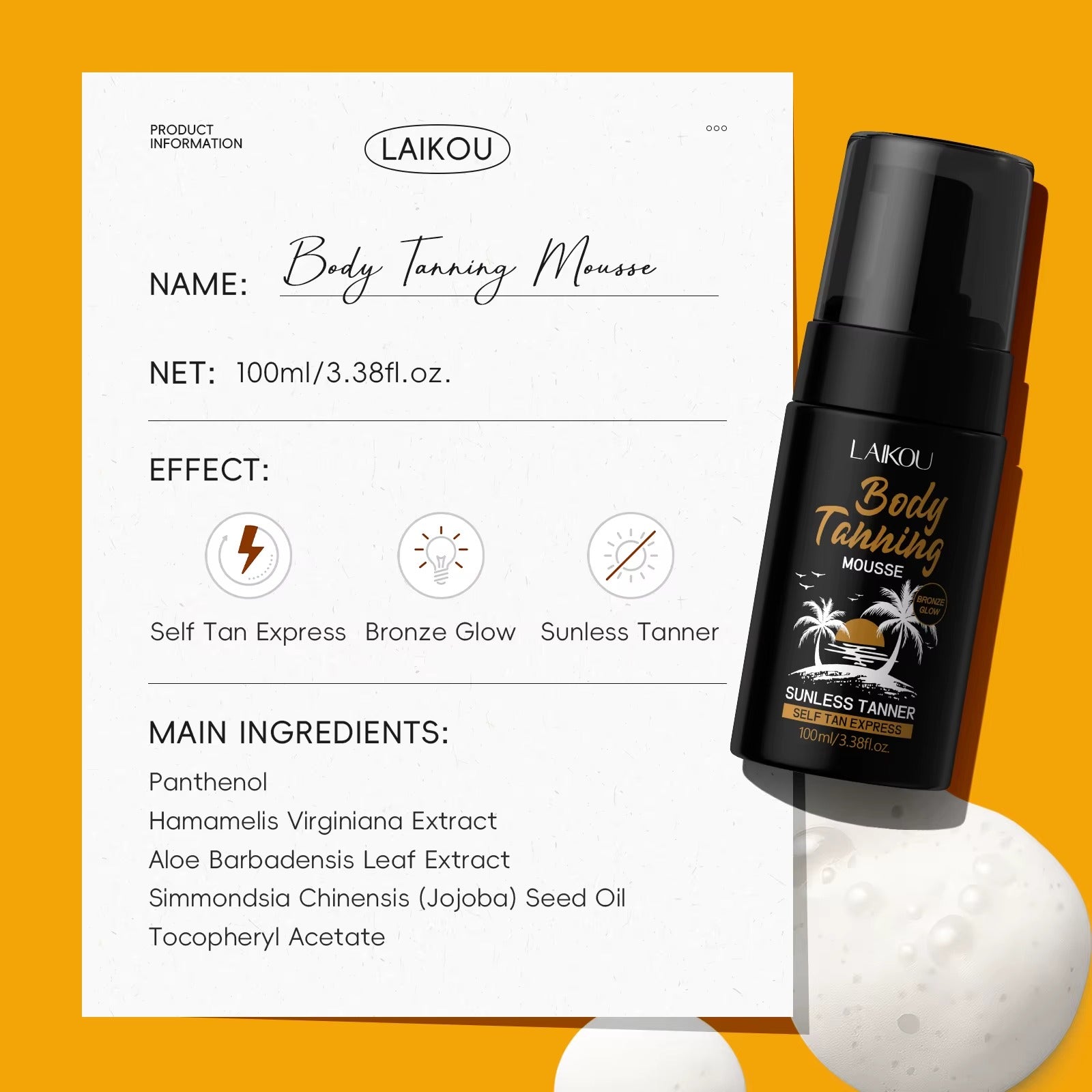 Sunless Self Tanner Body Tanning Mousse — Sun-Free Bronze Glow Self Tan Express for Face & Body, One Universal Shade, 100ml