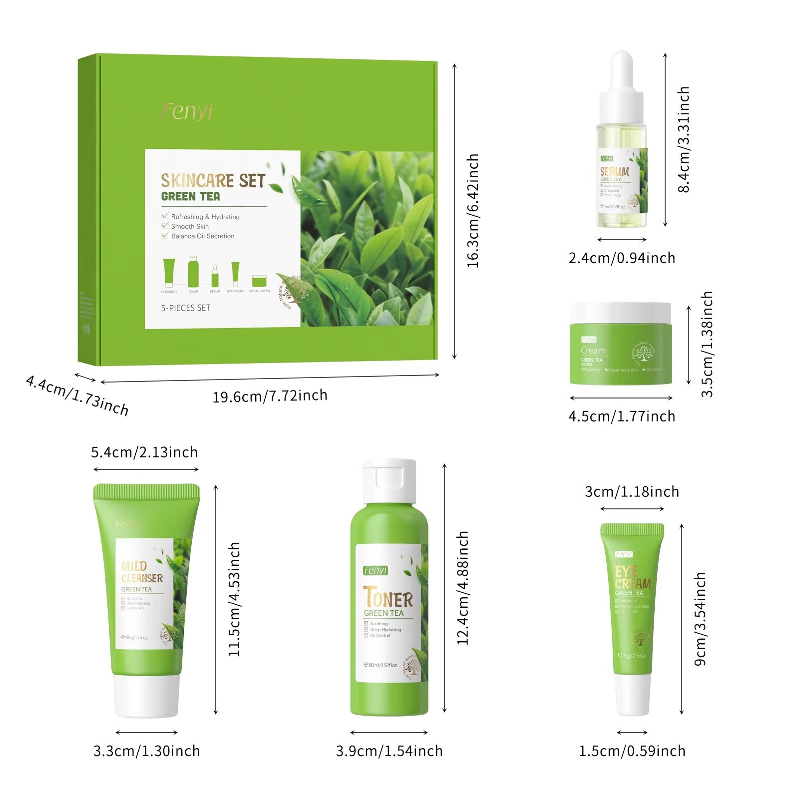 Green Tea 5-Piece Anti-Aging Skincare Set — Cleanser, Toner, Serum, Eye Cream & Face Cream for Oily & Dry Skin