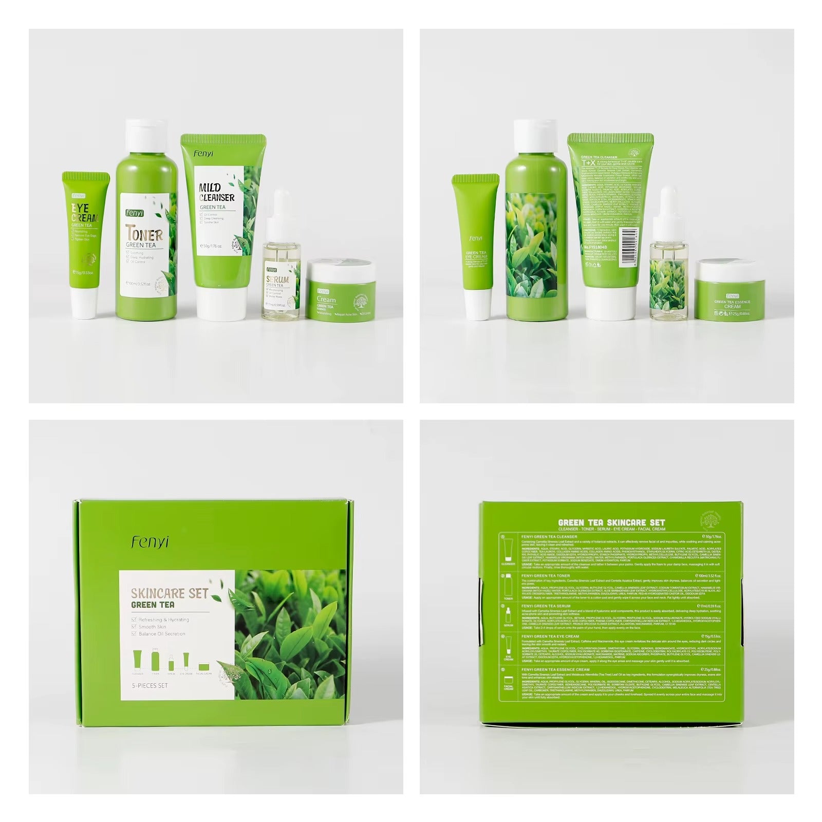 Green Tea 5-Piece Anti-Aging Skincare Set — Cleanser, Toner, Serum, Eye Cream & Face Cream for Oily & Dry Skin