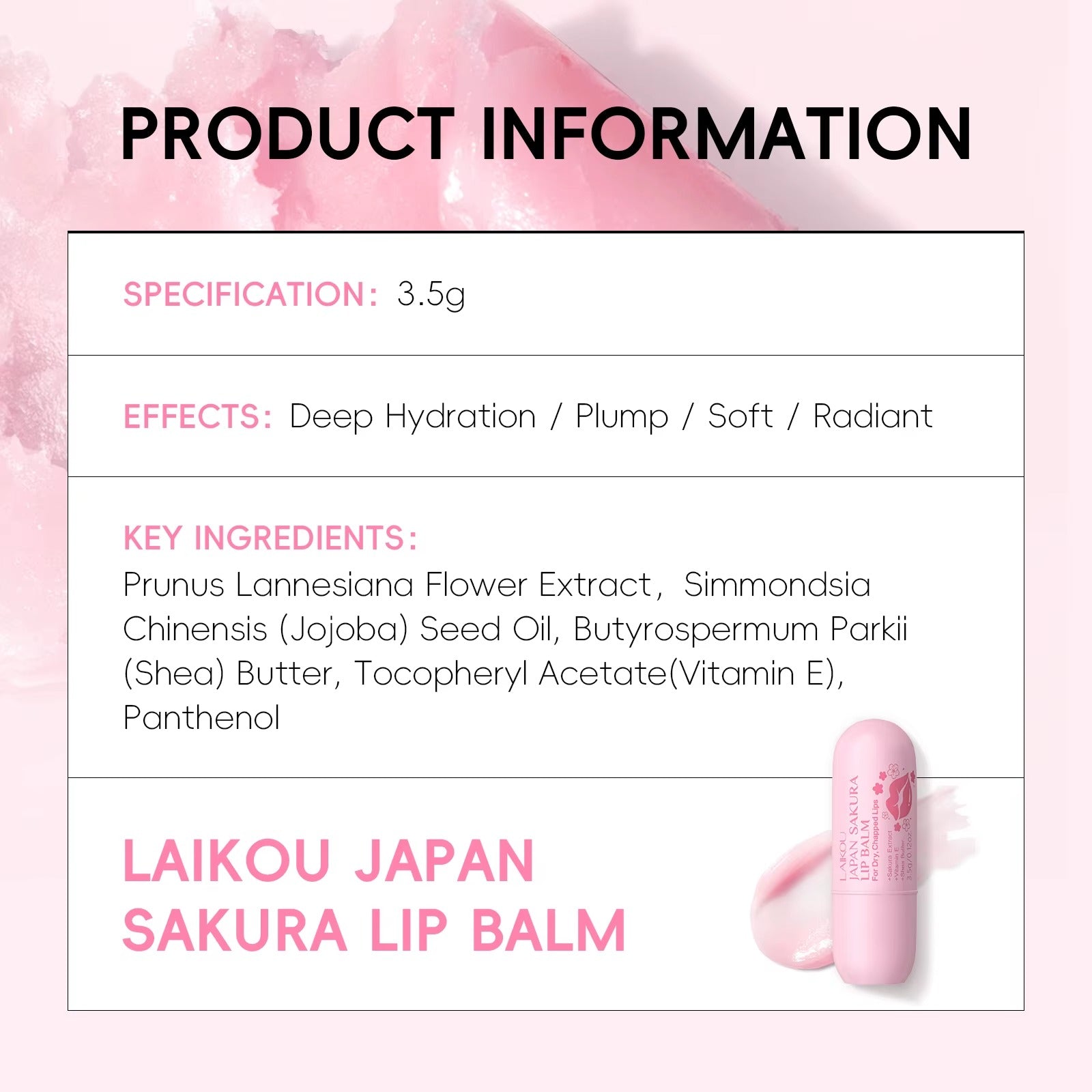 Japan Sakura Overnight Lip Balm Mask — Deep Hydrating & Moisturizing Lip Care Cream That Evens Lip Tone, Softens Lip Lines, Fights Dryness & Flaking with Sakura Extract, Shea Butter, Jojoba Oil & Vitamin E — 3.5g