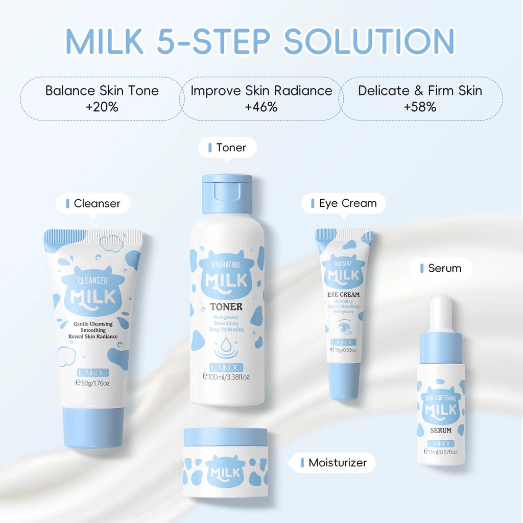 5-Step Milk Glowing Skincare Bundle — Cleanser, Toner, Serum, Eye Cream & Moisturiser — Balance Skin Tone, Improve Skin Radiance for Delicate & Firm Skin
