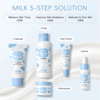 5-Step Milk Glowing Skincare Bundle — Cleanser, Toner, Serum, Eye Cream & Moisturiser — Balance Skin Tone, Improve Skin Radiance for Delicate & Firm Skin