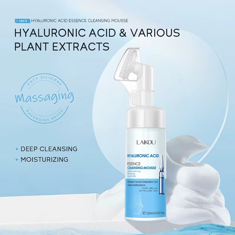 Hyaluronic Acid Cream Cleanser with Massage Brush — Deep Cleansing, Anti-Wrinkle, Blackhead Removing, Pore Minimizing Face Wash for All Skin Types — Moisturizing & Nourishing Daily Cleanser