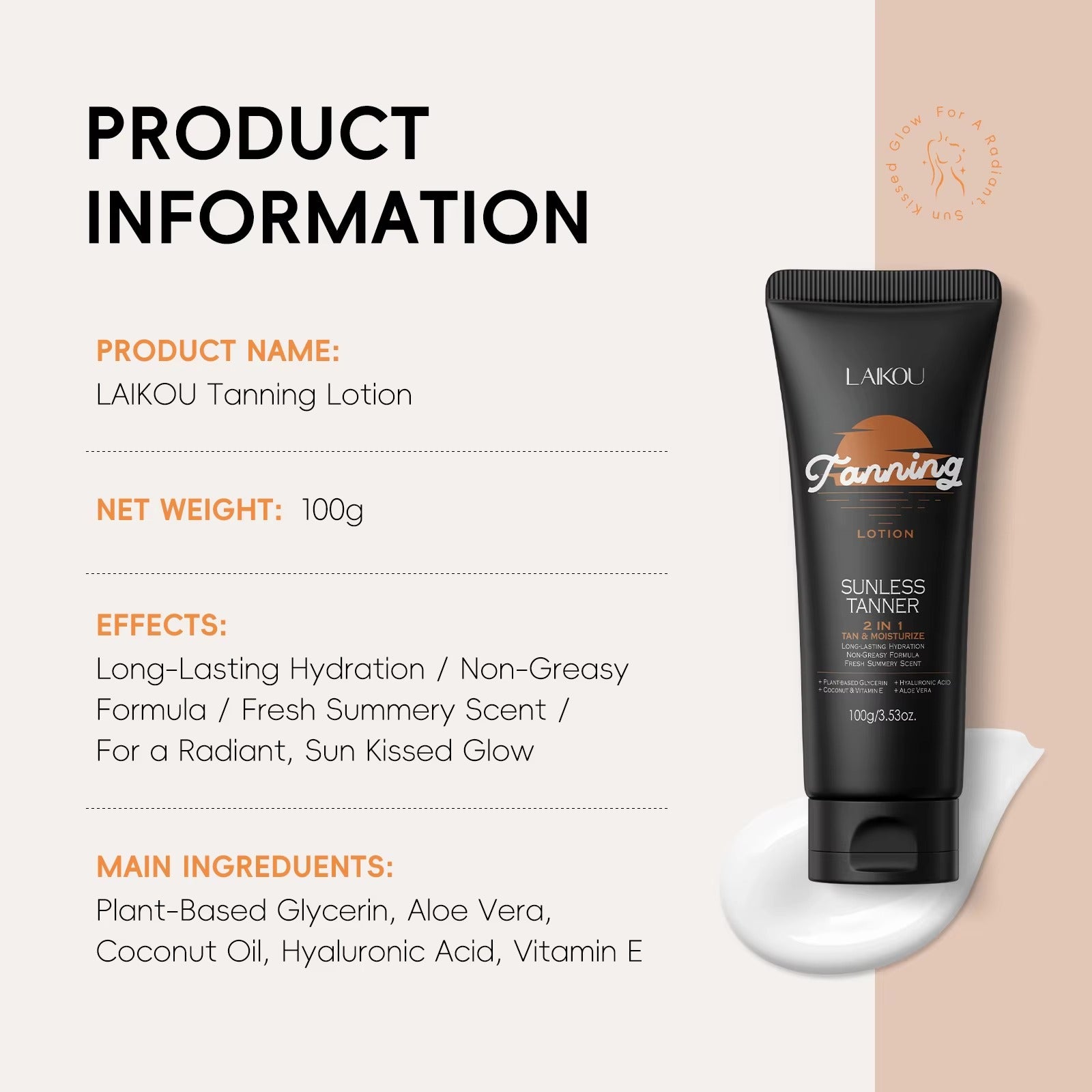 Sunless Self Tanning Lotion 100g – 2-in-1 Bronzer & Moisturizer for a Radiant Sun-Kissed Glow Without UV Damage