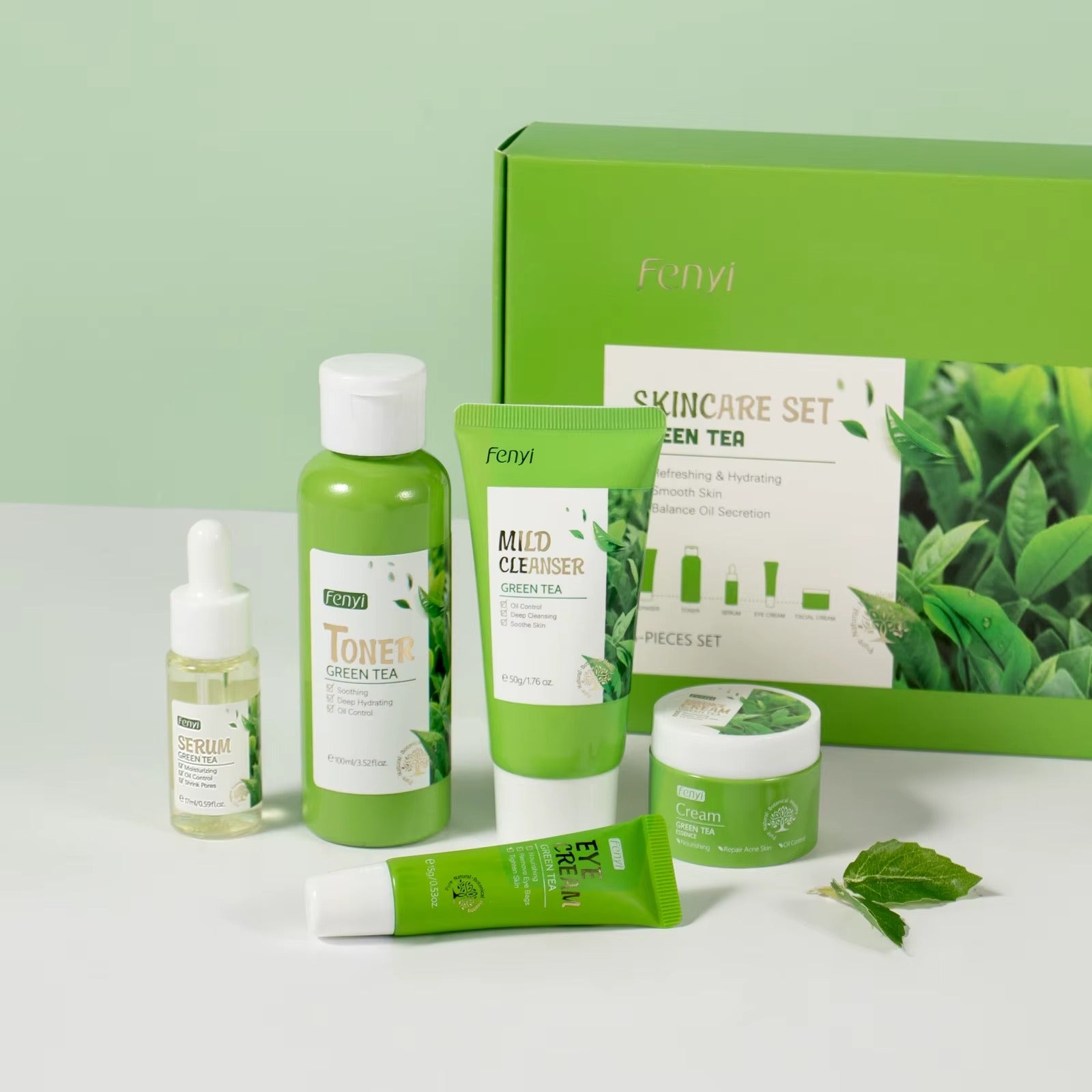 Green Tea 5-Piece Anti-Aging Skincare Set — Cleanser, Toner, Serum, Eye Cream & Face Cream for Oily & Dry Skin