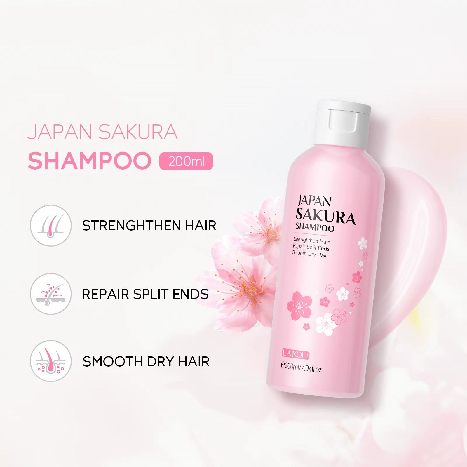 Compact-sized Japan Sakura Shampoo 200ml — Deep Moisturizing, Smoothing & Nourishing Hair Cleanser for Silky, Frizz-Free Hair — All Hair Types