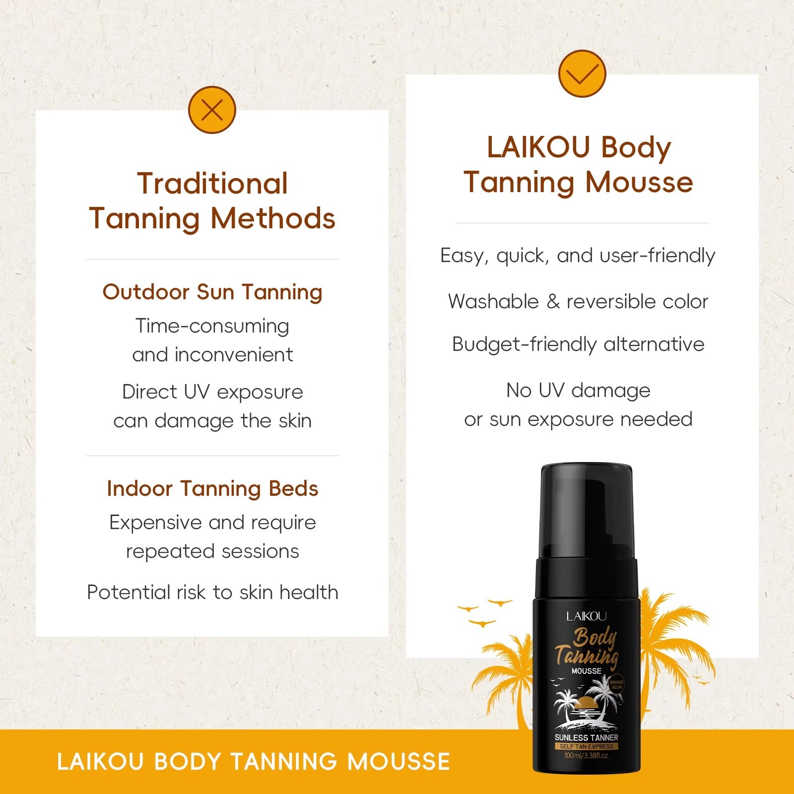 Sunless Self Tanner Body Tanning Mousse — Sun-Free Bronze Glow Self Tan Express for Face & Body, One Universal Shade, 100ml