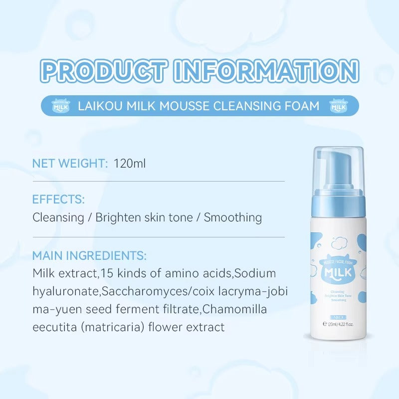 Milk Mousse Cleansing Foam 120ml – Hyaluronic Acid Face Wash for Deep Cleansing, Moisturizing, Brightening & Anti-Aging, Suitable for All Skin Types