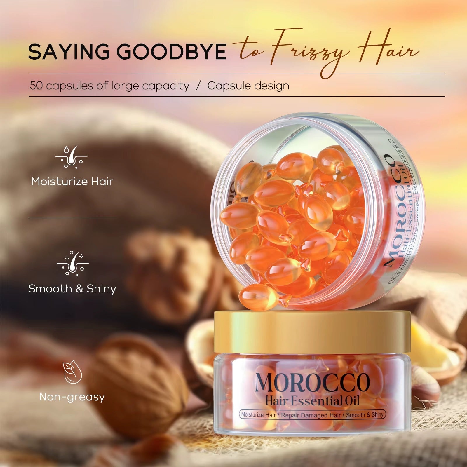 Morocco Argan Oil Leave-In Hair Serum Capsules – Moisturizing, Frizz Control & Damage Repair Treatment for Dry Hair (50 Capsules/50ml)