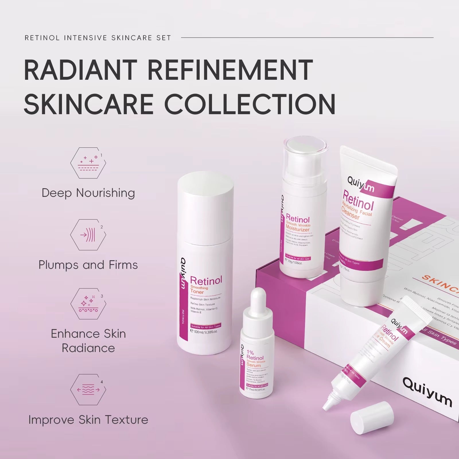 Retinol Intensive 5-Piece Skincare Set — Anti-Aging Facial Cleanser, Toner, Serum, Eye Cream & Moisturizer for Firmer, Brighter, Younger-Looking Skin