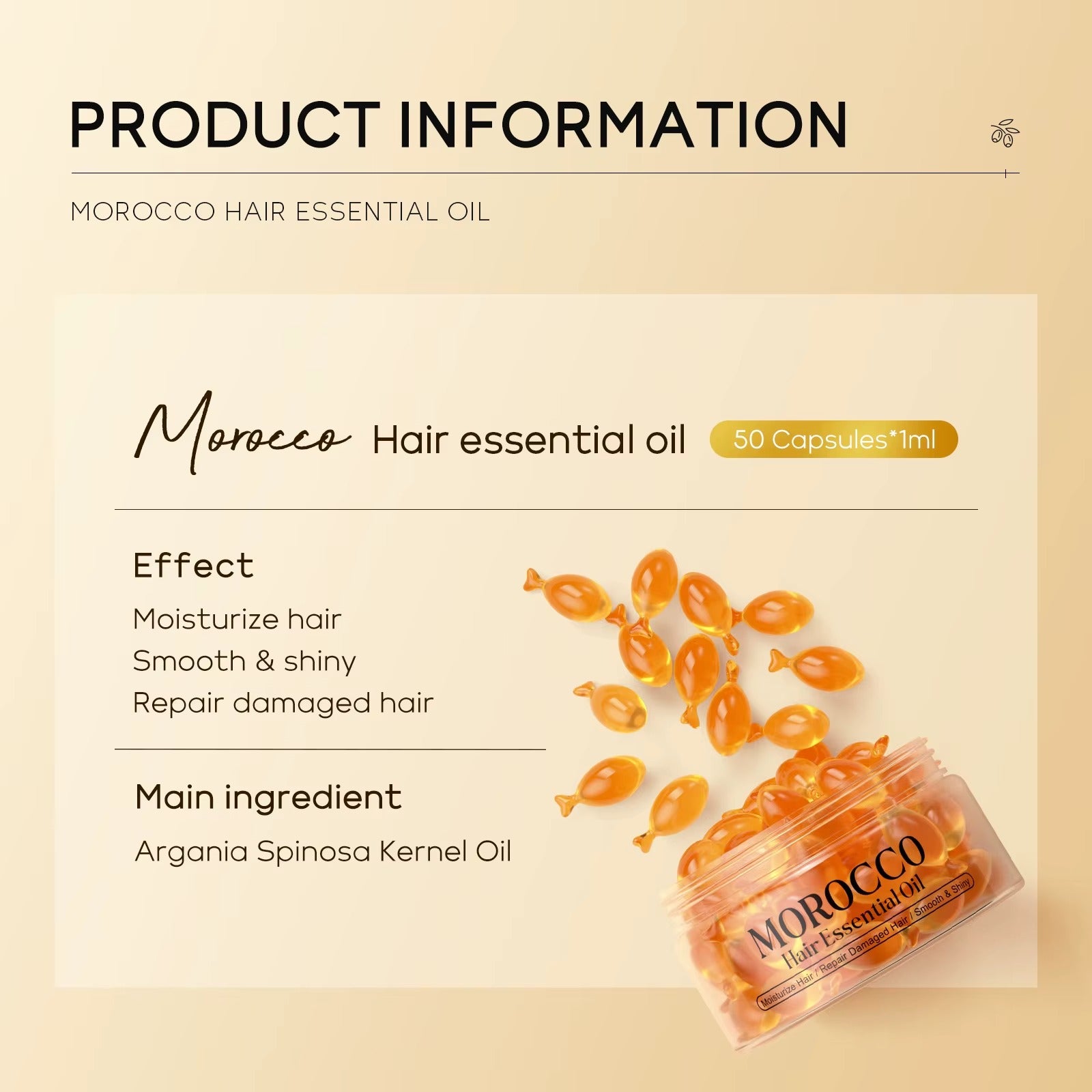 Morocco Argan Oil Leave-In Hair Serum Capsules – Moisturizing, Frizz Control & Damage Repair Treatment for Dry Hair (50 Capsules/50ml)