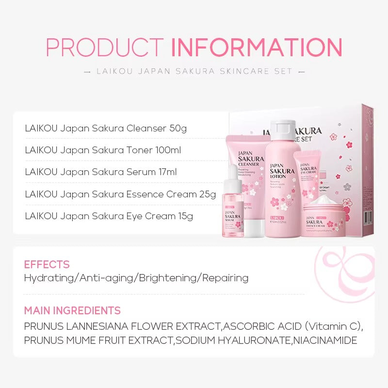 5-Piece Japan Sakura Complete Skincare Bundle — Cleanser, Toner, Eye Cream, Serum & Essence Cream — Even Skin Tone, Fade Dark Spots for Radiant & Firm Skin