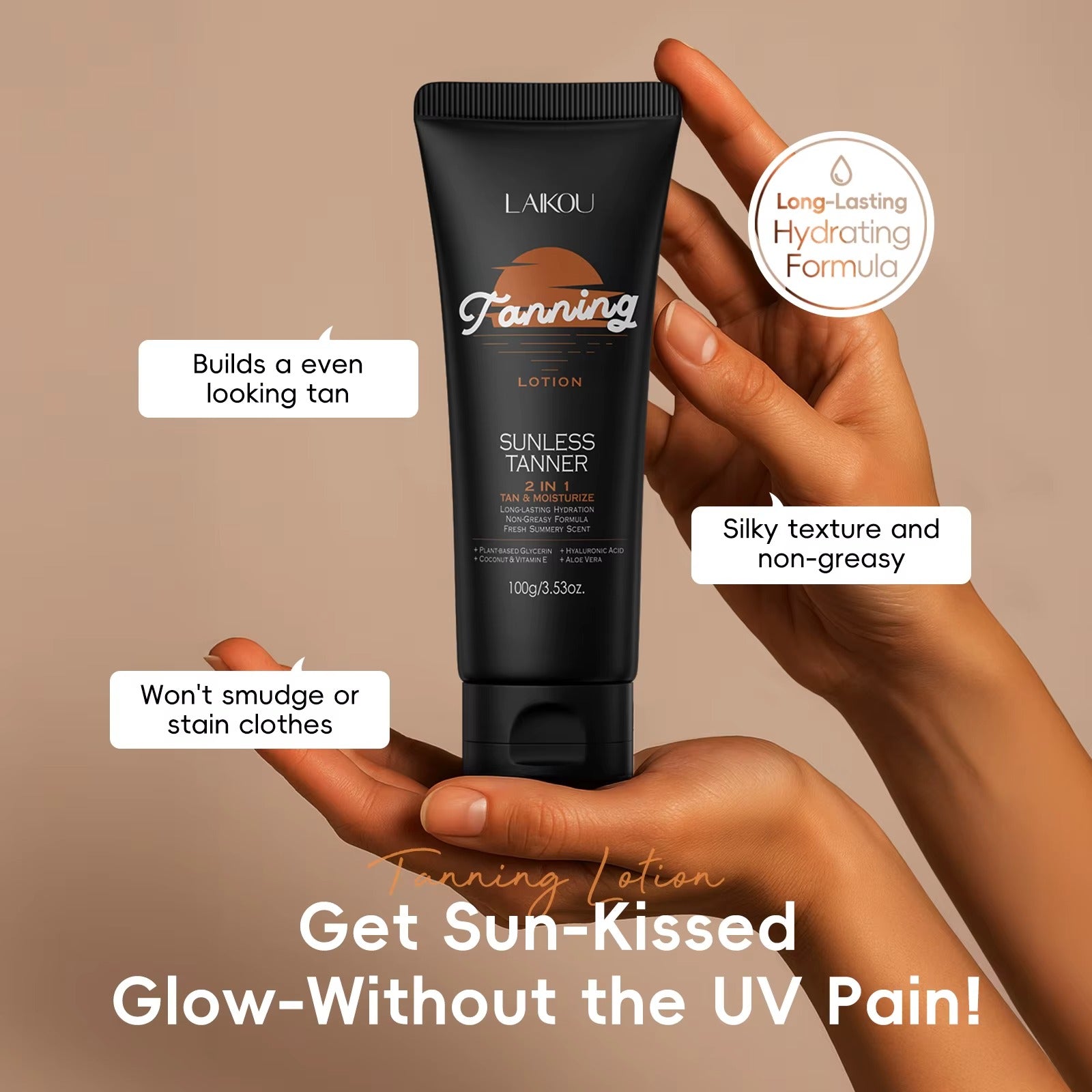 Sunless Self Tanning Lotion 100g – 2-in-1 Bronzer & Moisturizer for a Radiant Sun-Kissed Glow Without UV Damage
