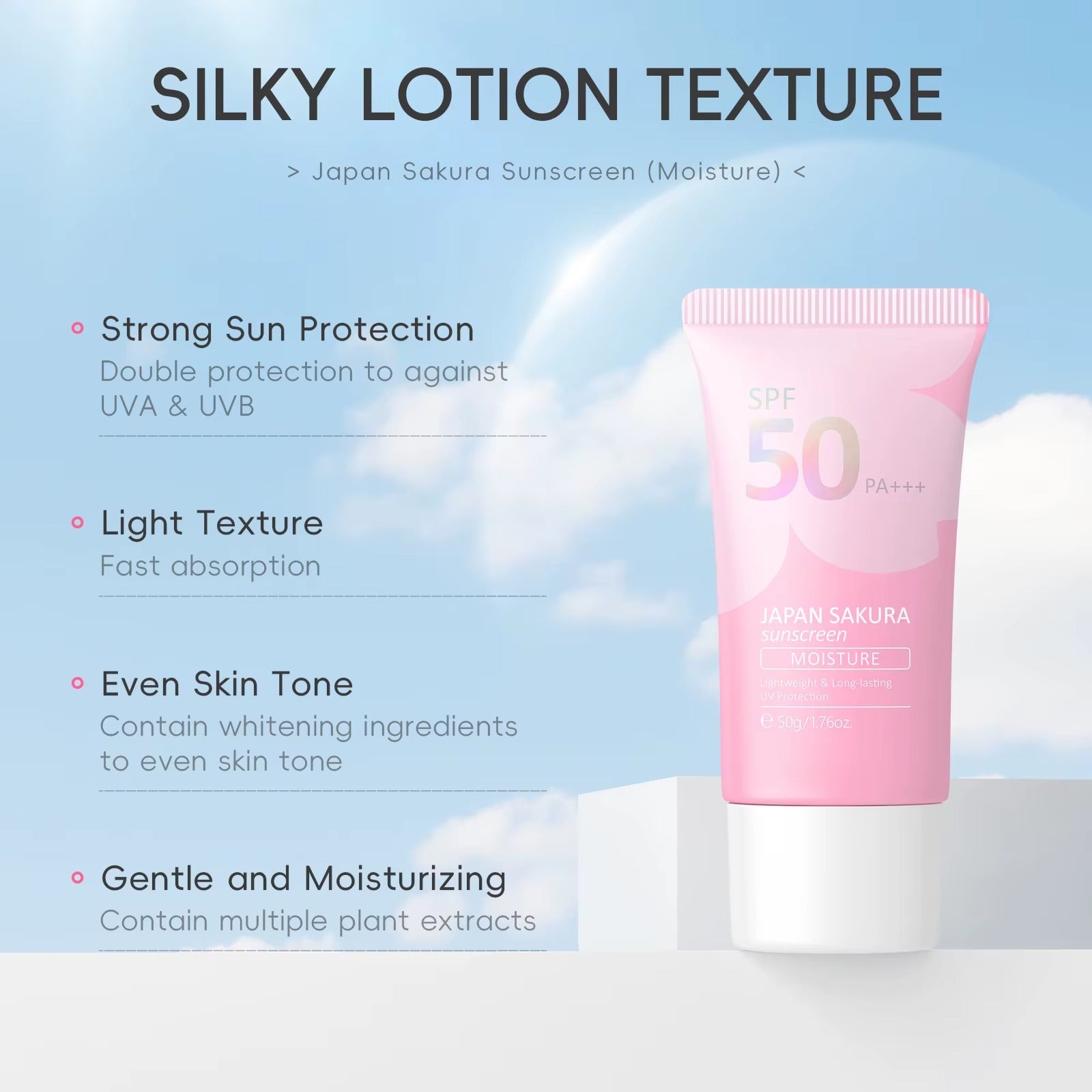 Japan Sakura Sunscreen SPF 50 PA+++ — Korean Face Sunscreen Cream with Niacinamide & Hyaluronic Acid, Waterproof UV Protection 50g