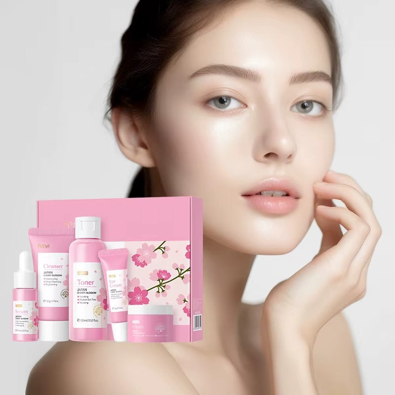 Japan Cherry Blossom 5-Piece Skincare Set — Brightening, Anti-Aging & Deep Hydrating Face Care Kit with Hyaluronic Acid & Prunus Flower Extract for All Skin Types