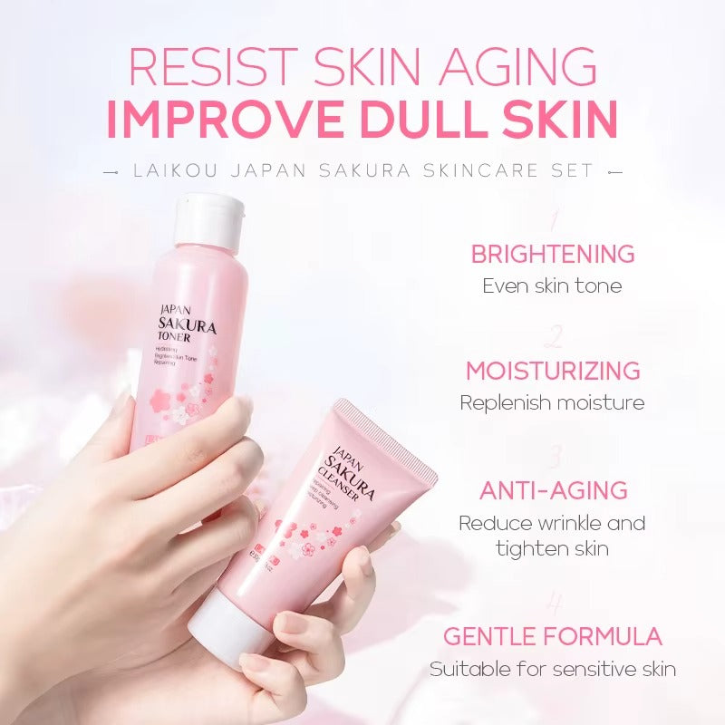 5-Piece Japan Sakura Complete Skincare Bundle — Cleanser, Toner, Eye Cream, Serum & Essence Cream — Even Skin Tone, Fade Dark Spots for Radiant & Firm Skin