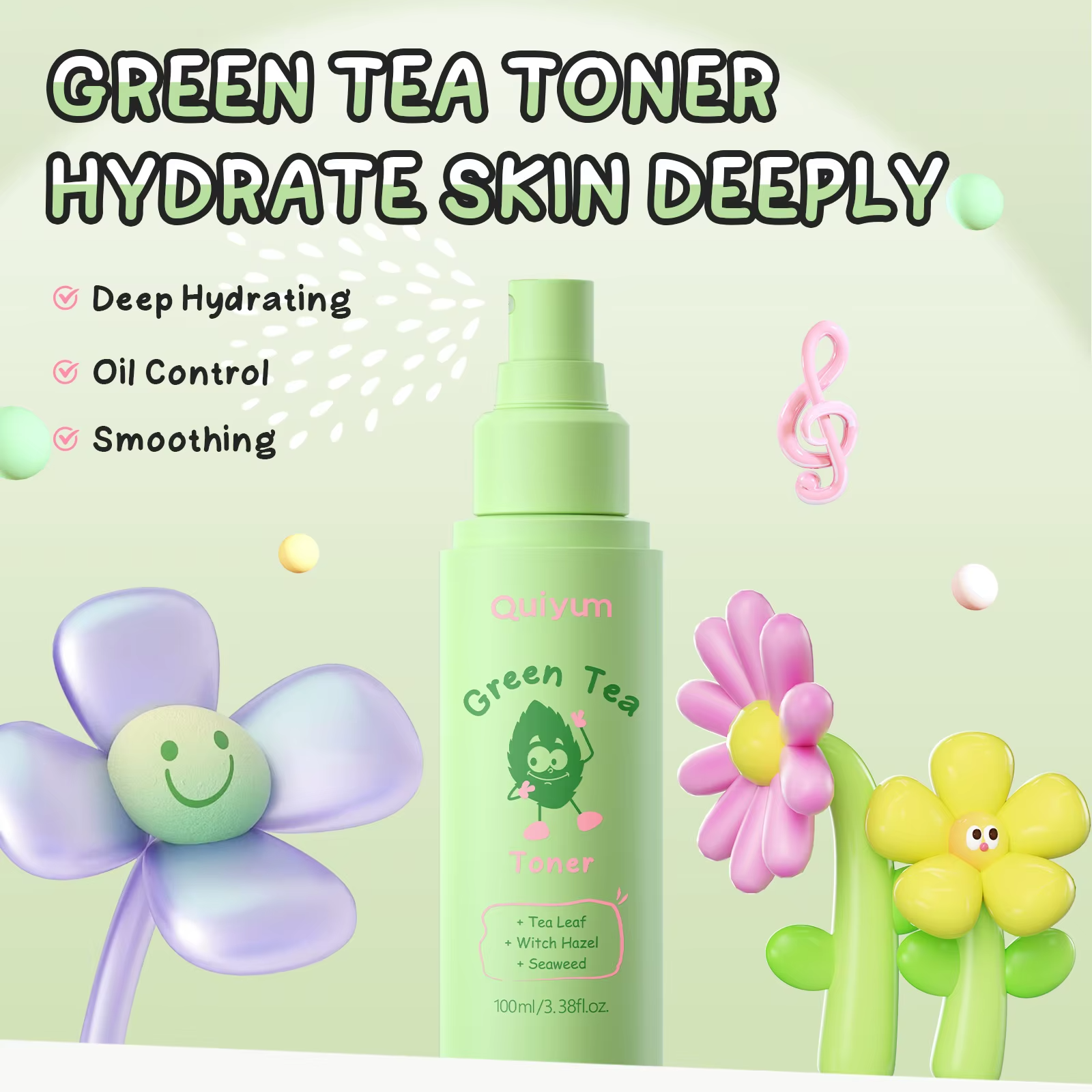 Green Tea Toner 100ml – Deep Hydrating, Pore Minimizing & Oil Control Facial Mist with Witch Hazel & Seaweed for Oily and Sensitive Skin