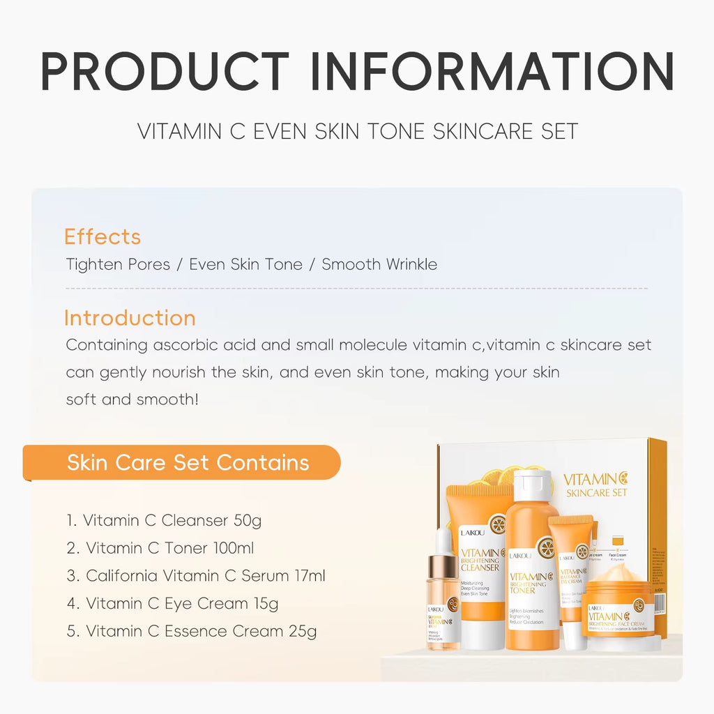 Vitamin C Brightening Skincare Set 5pcs — Hydrating Serum, Eye Cream & Face Cream with Hyaluronic Acid to Reduce Fine Lines & Even Skin Tone