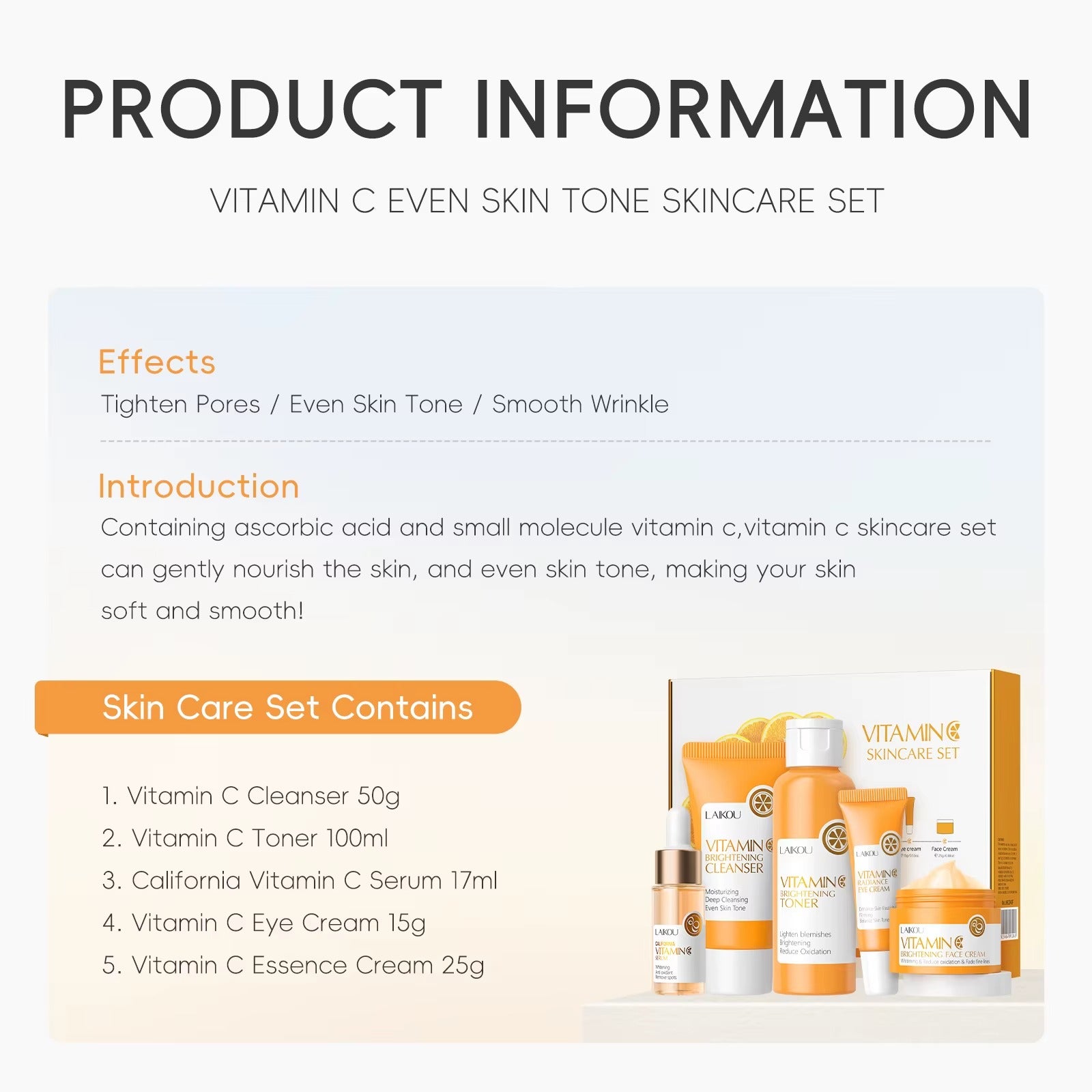 Vitamin C Brightening Skincare Set 5pcs — Hydrating Serum, Eye Cream & Face Cream with Hyaluronic Acid to Reduce Fine Lines & Even Skin Tone