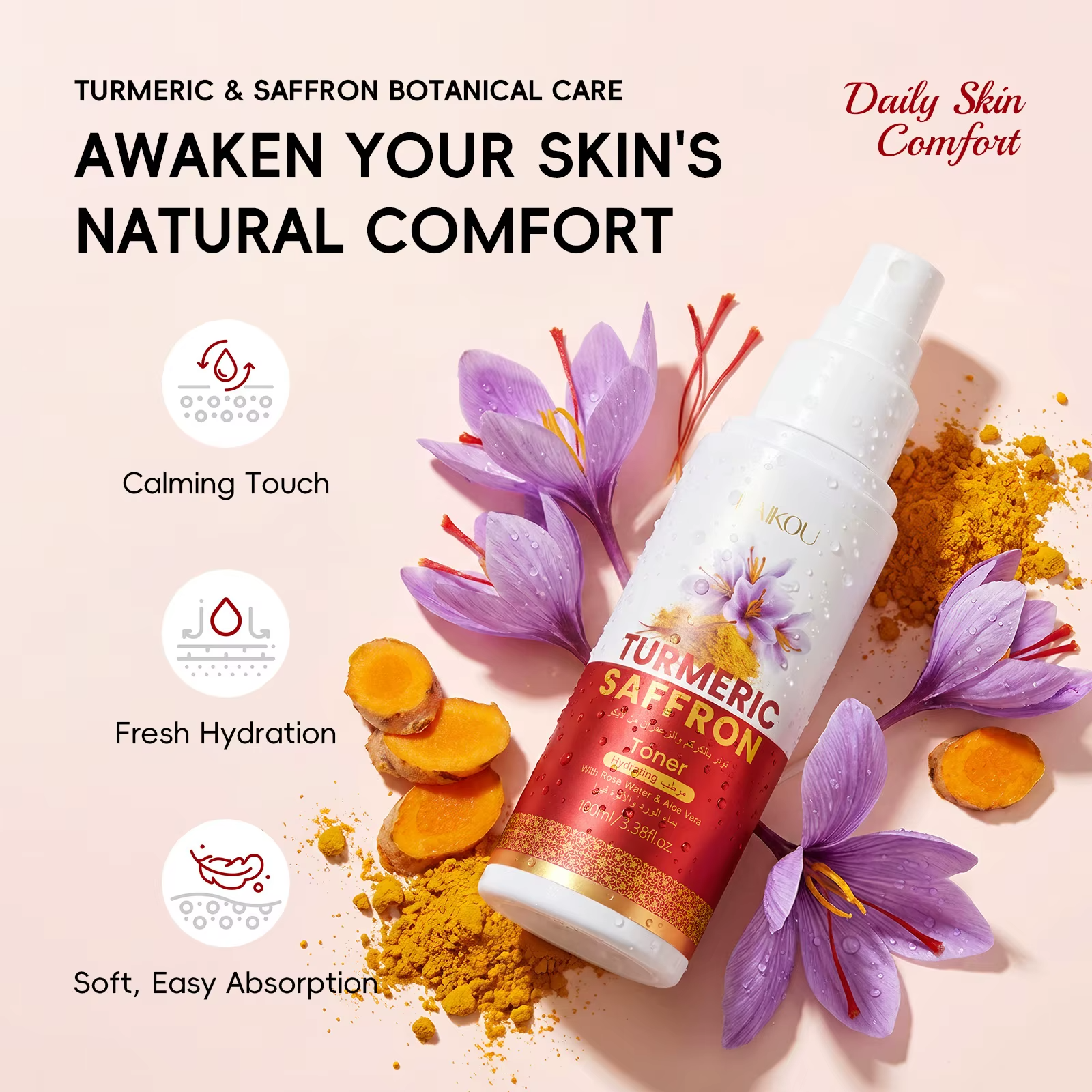 Turmeric & Saffron Botanical Facial Toner Spray 100ml — Deep Hydrating, Moisturizing & Skin-Balancing Mist for Men & All Skin Types