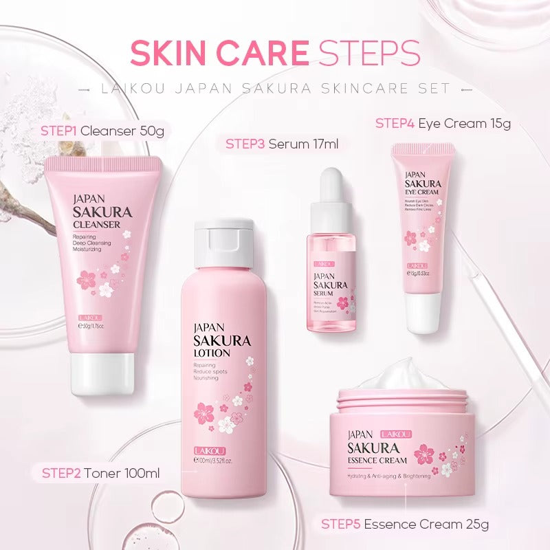 5-Piece Japan Sakura Complete Skincare Bundle — Cleanser, Toner, Eye Cream, Serum & Essence Cream — Even Skin Tone, Fade Dark Spots for Radiant & Firm Skin