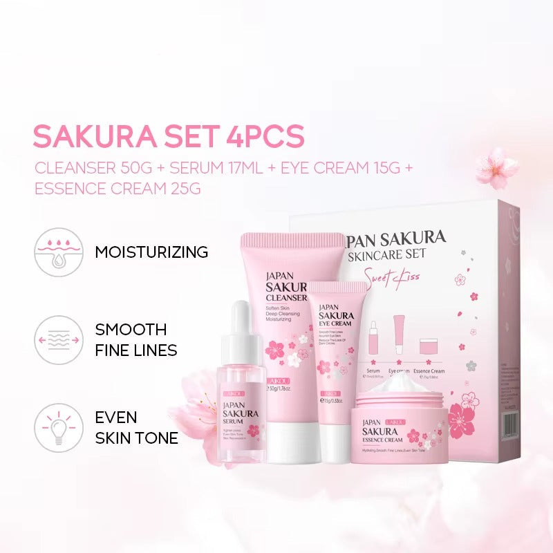 Compact-sized Japan Sakura 4-Piece Skincare Set — Complete Routine for Brightening, Hydration & Anti-Aging