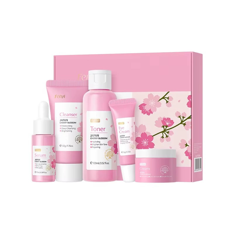 Japan Cherry Blossom 5-Piece Skincare Set — Brightening, Anti-Aging & Deep Hydrating Face Care Kit with Hyaluronic Acid & Prunus Flower Extract for All Skin Types