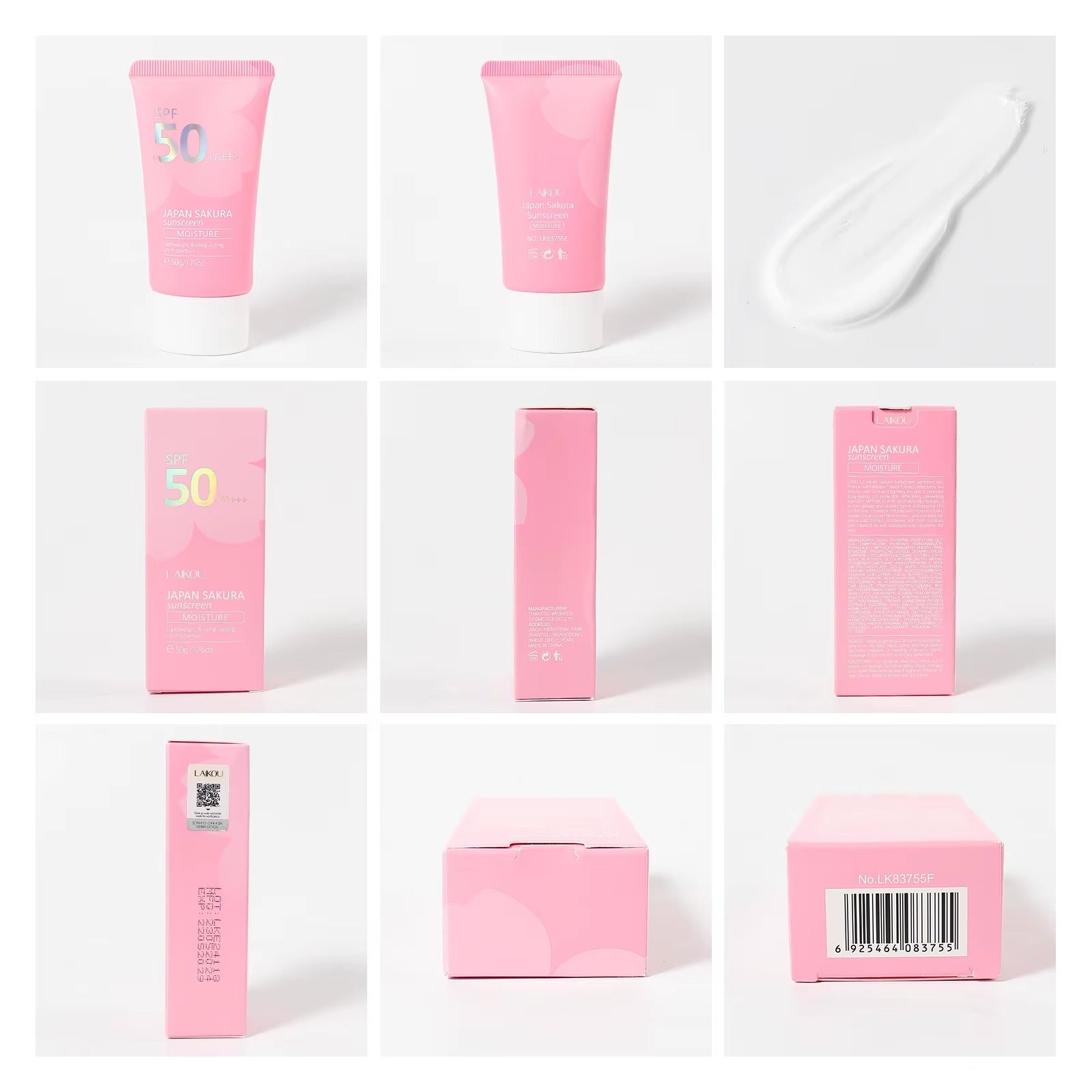 Japan Sakura Sunscreen SPF 50 PA+++ — Korean Face Sunscreen Cream with Niacinamide & Hyaluronic Acid, Waterproof UV Protection 50g