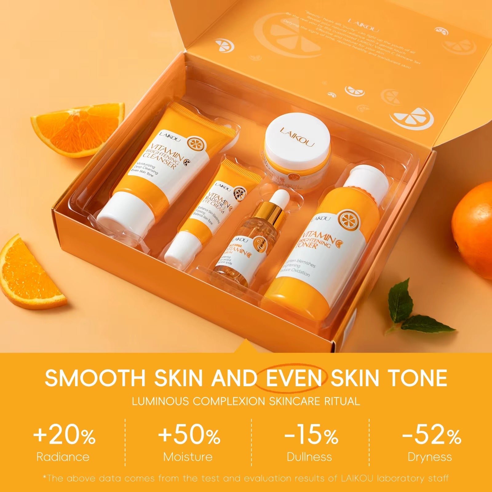 Vitamin C Brightening Skincare Set 5pcs — Hydrating Serum, Eye Cream & Face Cream with Hyaluronic Acid to Reduce Fine Lines & Even Skin Tone