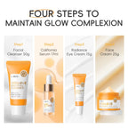 Compact-sized 4-Step Vitamin C Brightening Skincare Set — Cleanser + Serum + Eye Cream + Face Cream — Firming/Lifting Glow Bundle — Hyaluronic Acid Revitalizing Kit
